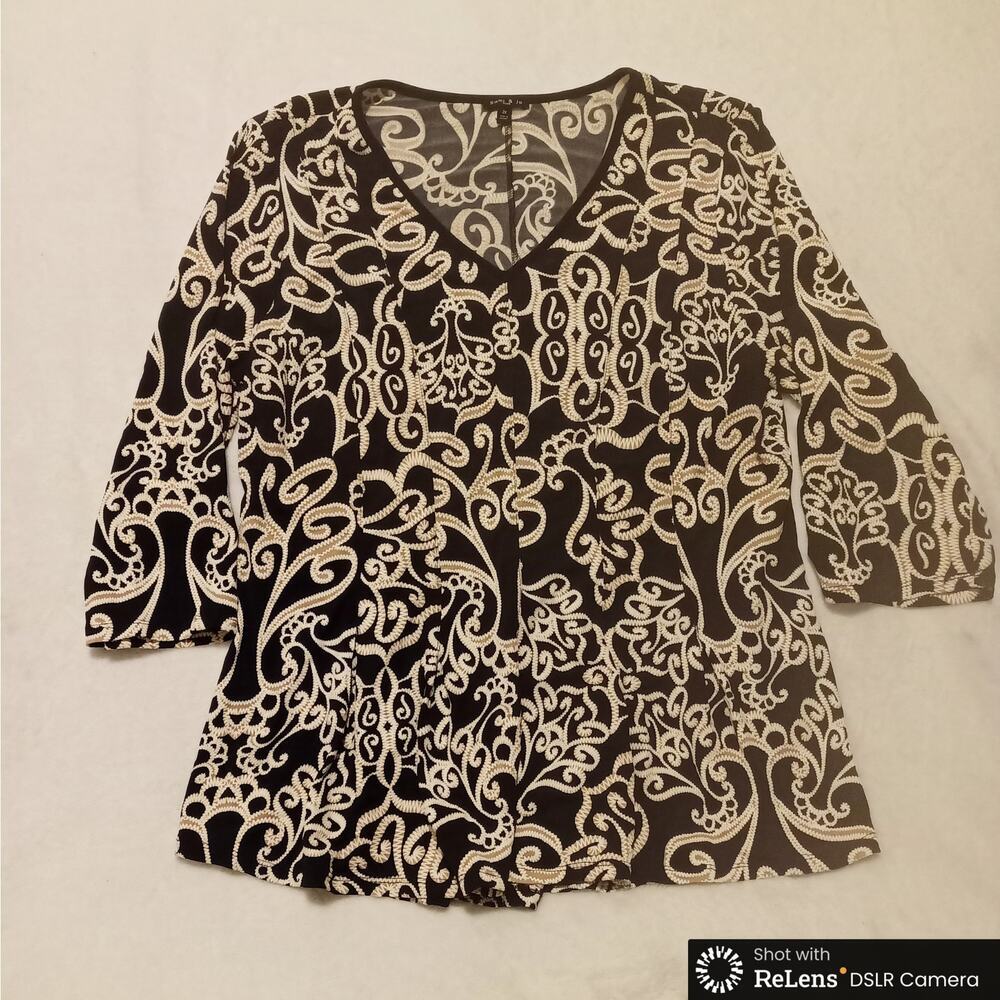 Sami & Jo Women’s Size 2XL V-Neck Black Gold White 3/4 sLVS Poly Top Blouse